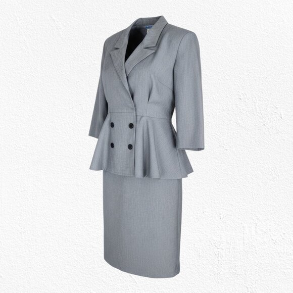 1980s Vintage Gray Office Career Made in USA Peplum Pencil Power Dress Size 14P - Picture 1 of 10